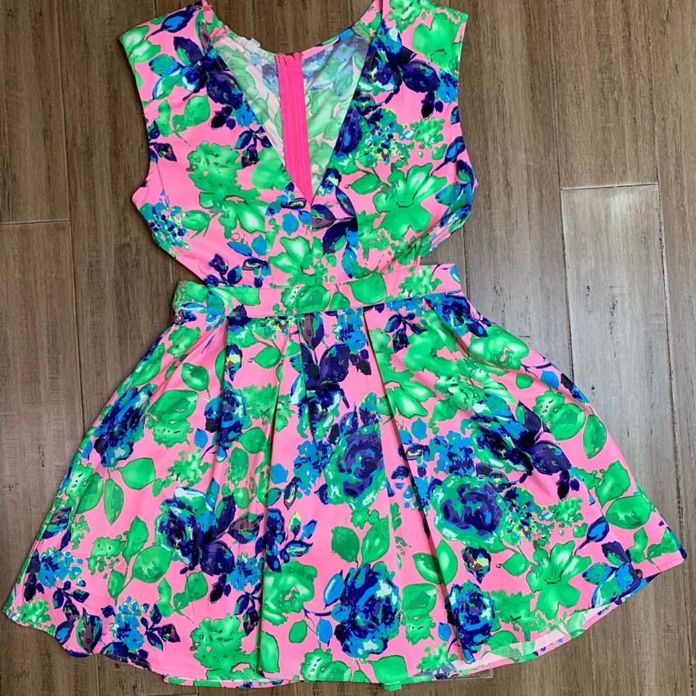 Bright floral side cut out mini dress